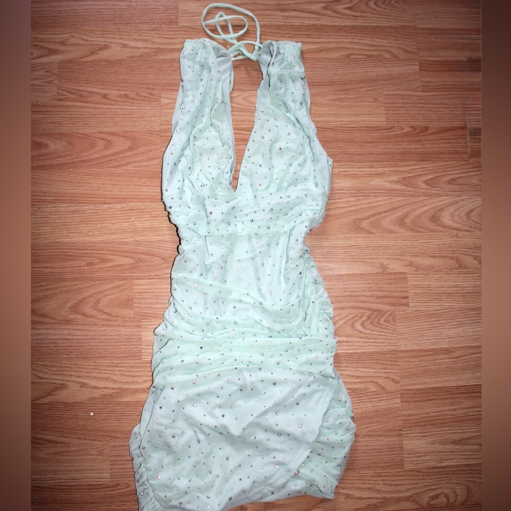 Light Mint Green Halter Backless Dress with Embellishments